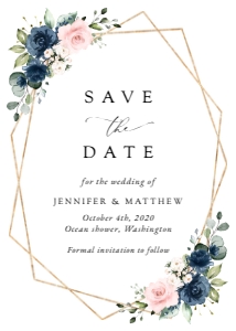 Navy and Pink Flowers Save the Date, Wedding Stationery, Printable File, SH35: Navy Blue and Blush Pink Flowers Wedding Save the Date