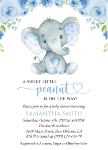 Baby Elephant and Blue Flowers Baby Shower Invitation design preview