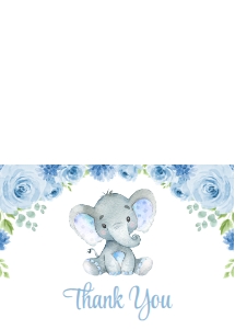 Baby Elephant and Blue Flowers First Birthday Thank You Card design preview