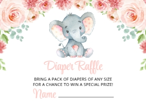 Little Elephant Diaper Raffle, Girl Baby Shower, Printable File, SH07: Little Elephant and Pink Flowers Baby Shower Invitation Suite