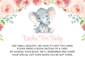 Little Elephant Books For Baby, Girl Baby Shower, Printable File, SH07: Little Elephant and Pink Flowers Baby Shower Invitation Suite