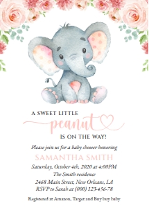 Little Elephant and Pink Flowers Baby Shower Invitation Suite design preview