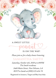 Little Elephant Baby Shower Invitation, Girl Baby Shower, Printable File, SH07: Little Elephant and Pink Flowers Baby Shower Invitation Suite