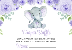 Cute Elephant Diaper Raffle, Baby Shower Stationery, Printable File, SH18: Cute Elephant and Purple Flowers Baby Shower Invitation Suite
