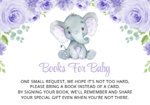 Cute Elephant Books For Baby, Baby Shower Stationery, Printable File, SH18: Cute Elephant and Purple Flowers Baby Shower Invitation Suite