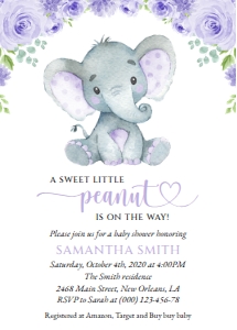 Cute Elephant and Purple Flowers Baby Shower Invitation Suite design preview