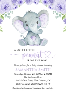 Cute Elephant Baby Shower Invitation, Baby Shower Stationery, Printable File, SH18: Cute Elephant and Purple Flowers Baby Shower Invitation Suite