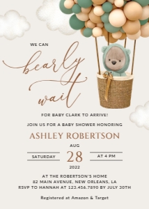 Bear and Green Balloons Baby Shower Invitation, Gender Neutral Baby Shower, Printable File, SH52: Teddy Bear and Green Balloons Baby Shower Invitation