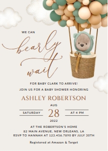 Teddy Bear and Green Balloons Baby Shower Invitation design preview
