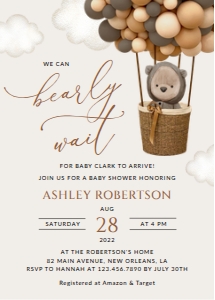 Teddy Bear and Brown Balloons Baby Shower Invitation design preview