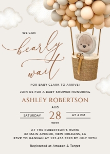 Bear and Beige Balloons Baby Shower Invitation, Gender Neutral Baby Shower, Printable File, SH54: Teddy Bear and Beige Balloons Baby Shower Invitation Suite