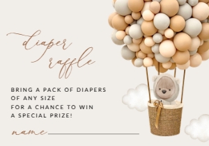 Bear and Beige Balloons Diaper Raffle, Gender Neutral Baby Shower, Printable File, SH54: Teddy Bear and Beige Balloons Baby Shower Invitation Suite