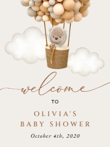 Bear and Beige Balloons Welcome Sign, Baby Shower Sign, Printable File, SH54, 18x24: Teddy Bear and Beige Balloons Welcome Sign - Baby Shower Sign