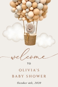 Bear and Beige Balloons Welcome Sign, Baby Shower Sign, Printable File, SH54, 24x36: Teddy Bear and Beige Balloons Welcome Sign - Baby Shower Sign