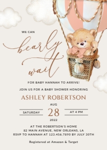 Bear in Pink Balloon Baby Shower Invitation, Girl Baby Shower, Printable File, SH56: Teddy Bear in Pink Balloon Baby Shower Invitation