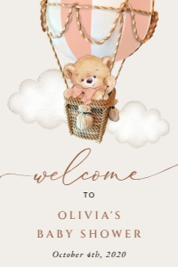 Bear in Pink Balloon Welcome Sign, Baby Shower Sign, Printable File, SH56, 24x36: Teddy Bear in Pink Balloon Welcome Sign - Baby Shower Sign