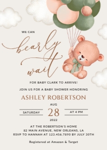 Baby Bear with Green Balloons Baby Shower Invitation, Gender Neutral Baby Shower, Printable File, SH60: Baby Bear with Green Balloons Baby Shower Invitation