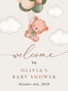Baby Bear with Green Balloons Welcome Sign, Baby Shower Sign, Printable File, SH60, 18x24: Baby Bear with Green Balloons Welcome Sign - Baby Shower Sign