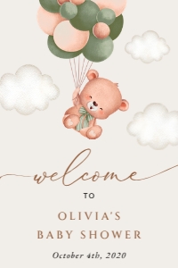 Baby Bear with Green Balloons Welcome Sign, Baby Shower Sign, Printable File, SH60, 24x36: Baby Bear with Green Balloons Welcome Sign - Baby Shower Sign