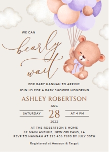 Baby Bear with Purple Balloons Baby Shower Invitation Suite design preview