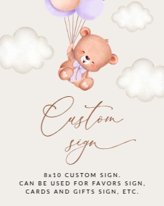 Baby Bear with Purple Balloons Custom Sign, Printable File, SH61 SH75, 8x10: Baby Bear with Purple Balloons Custom Sign - First Birthday Sign