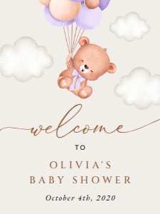 Baby Bear with Purple Balloons Welcome Sign - Baby Shower Sign design preview