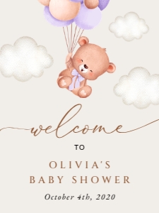 Baby Bear with Purple Balloons Welcome Sign, Baby Shower Sign, Printable File, SH61, 18x24: Baby Bear with Purple Balloons Welcome Sign - Baby Shower Sign