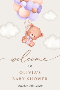 Baby Bear with Purple Balloons Welcome Sign, Baby Shower Sign, Printable File, SH61, 24x36: Baby Bear with Purple Balloons Welcome Sign - Baby Shower Sign