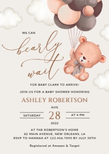 Baby Bear with Brown Balloons Baby Shower Invitation, Gender Neutral Baby Shower, Printable File, SH62: Baby Bear with Brown Balloons Baby Shower Invitation Suite