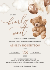 Teddy Bear with Brown Balloons Baby Shower Invitation, Gender Neutral Baby Shower, Printable File, SH64: Teddy Bear and Brown Balloons Baby Shower Invitation