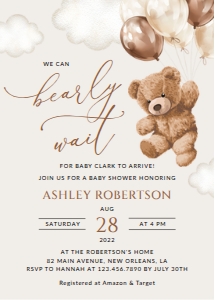Teddy Bear and Brown Balloons Baby Shower Invitation design preview