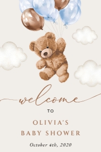 Teddy Bear with Blue Balloons Welcome Sign, Baby Shower Sign, Printable File, SH65, 24x36: Teddy Bear and Blue Balloons Welcome Sign - Baby Shower Sign