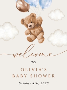 Teddy Bear with Blue Balloons Welcome Sign, Baby Shower Sign, Printable File, SH65, 18x24: Teddy Bear and Blue Balloons Welcome Sign - Baby Shower Sign