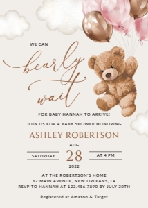 Teddy Bear with Pink Balloons Baby Shower Invitation, Girl Baby Shower, Printable File, SH66: Teddy Bear and Pink Balloons Baby Shower Invitation Suite