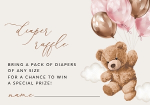 Teddy Bear with Pink Balloons Diaper Raffle, Girl Baby Shower, Printable File, SH66: Teddy Bear and Pink Balloons Baby Shower Invitation Suite