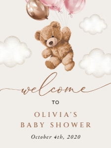Teddy Bear with Pink Balloons Welcome Sign, Baby Shower Sign, Printable File, SH66, 18x24: Teddy Bear and Pink Balloons Welcome Sign - Baby Shower Sign