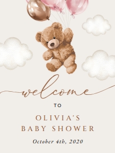 Teddy Bear and Pink Balloons Welcome Sign - Baby Shower Sign design preview