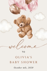Teddy Bear with Pink Balloons Welcome Sign, Baby Shower Sign, Printable File, SH66, 24x36: Teddy Bear and Pink Balloons Welcome Sign - Baby Shower Sign