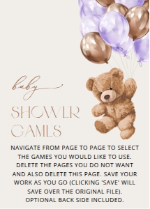 Teddy Bear and Purple Balloons Baby Shower Set of 3 Games design preview