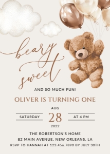 Teddy Bear with Brown Balloons First Birthday Invitation, Boy Birthday, Printable File, SH69: Teddy Bear with Brown Balloons First Birthday Invitation