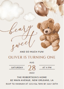 Teddy Bear with Brown Balloons First Birthday Invitation design preview