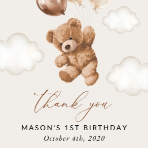 Teddy Bear with Brown Balloons Birthday Square Favor Tags, Printable File, SH69: Teddy Bear with Brown Balloons First Birthday Favor Tags