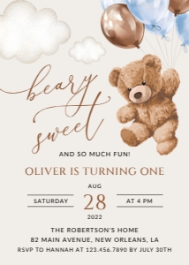 Teddy Bear with Blue Balloons First Birthday Invitation, Boy Birthday, Printable File, SH70: Teddy Bear with Blue Balloons First Birthday Mini Bundle