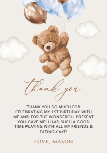 Teddy Bear with Blue Balloons Thank You Card, Boy Birthday, SH70: Teddy Bear with Blue Balloons First Birthday Mini Bundle