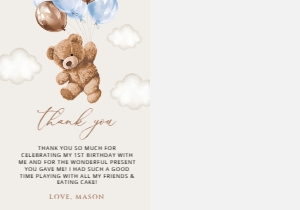 Teddy Bear with Blue Balloons Thank You Card With Photo, Boy Birthday, SH70: Teddy Bear with Blue Balloons First Birthday Mini Bundle