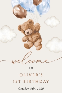 Teddy Bear with Blue Balloons Welcome Sign, Birthday Sign, Printable File, SH70, 24x36: Teddy Bear with Blue Balloons First Birthday Mini Bundle