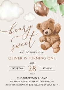 Teddy Bear with Green Balloons First Birthday Invitation, Boy Birthday, Printable File, SH71: Teddy Bear with Green Balloons First Birthday Invitation