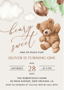 Teddy Bear with Green Balloons First Birthday Invitation design preview