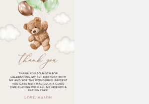 Teddy Bear with Green Balloons Thank You Card With Photo, Boy Birthday, SH71: Teddy Bear with Green Balloons First Birthday Thank You Card