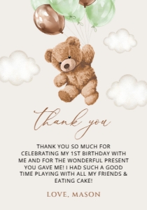 Teddy Bear with Green Balloons Thank You Card, Boy Birthday, SH71: Teddy Bear with Green Balloons First Birthday Thank You Card
